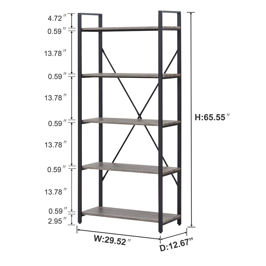 5 Tier Grey Wood and Metal Bookshelf P8148