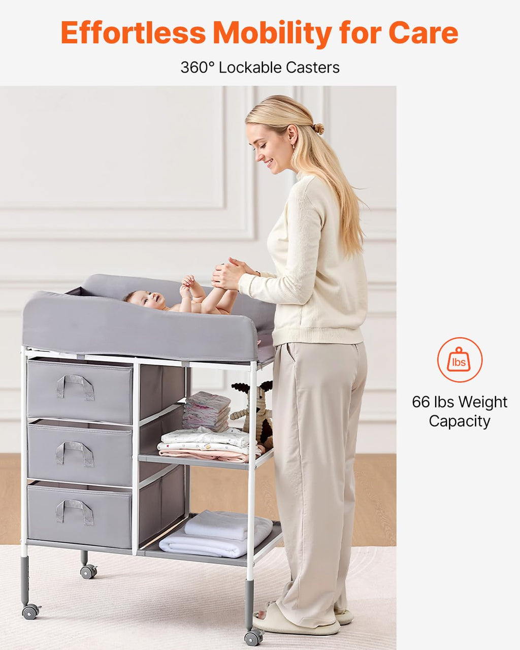 Adjustable Height Baby Changing Table with 3 Fabric Drawers A1233
