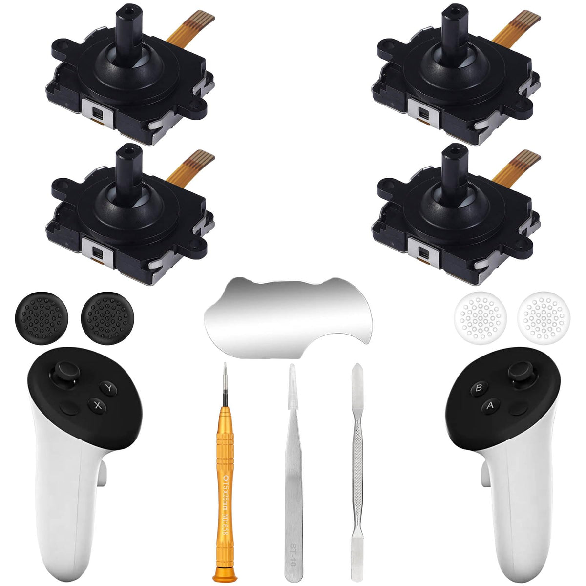 4 Pack Joystick Replacement Kit, Include 4 Joysticks, 4 Thumbstick Grips, T5 Screwdriver, Tweezer, Pry Tool R272