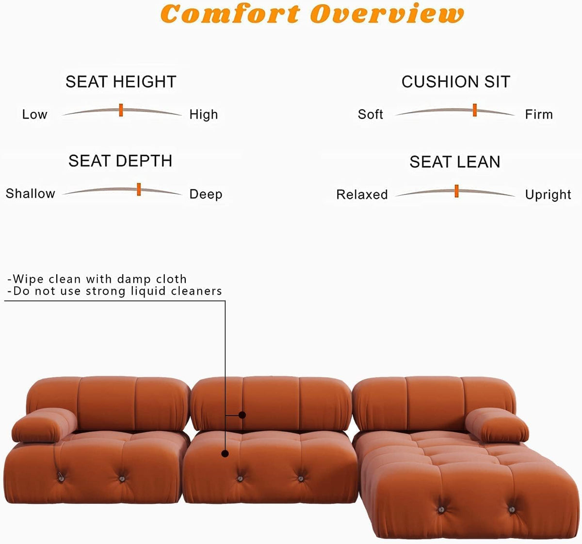 Orange Velvet L Shaped Sectional Sofa with Ottoman T289971