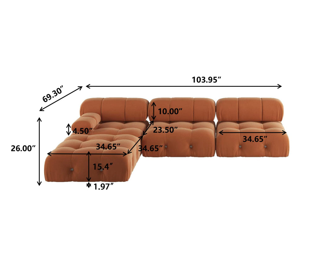 Orange Velvet L Shaped Sectional Sofa with Ottoman T289971
