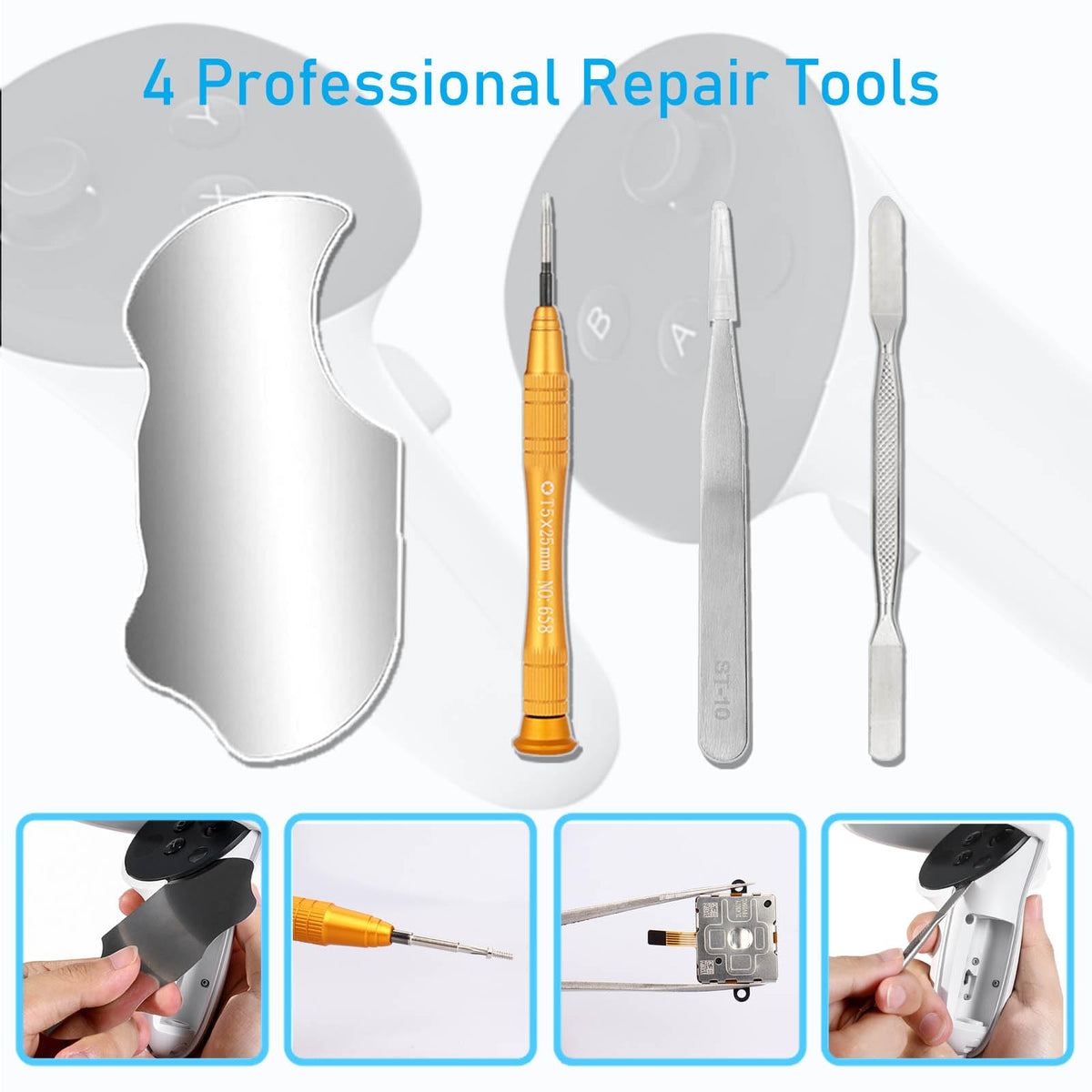 4 Pack Joystick Replacement Kit, Include 4 Joysticks, 4 Thumbstick Grips, T5 Screwdriver, Tweezer, Pry Tool R272