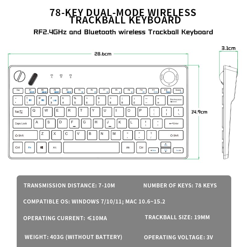 78 Keys Dual Mode Wireless Trackball Keyboard E6941