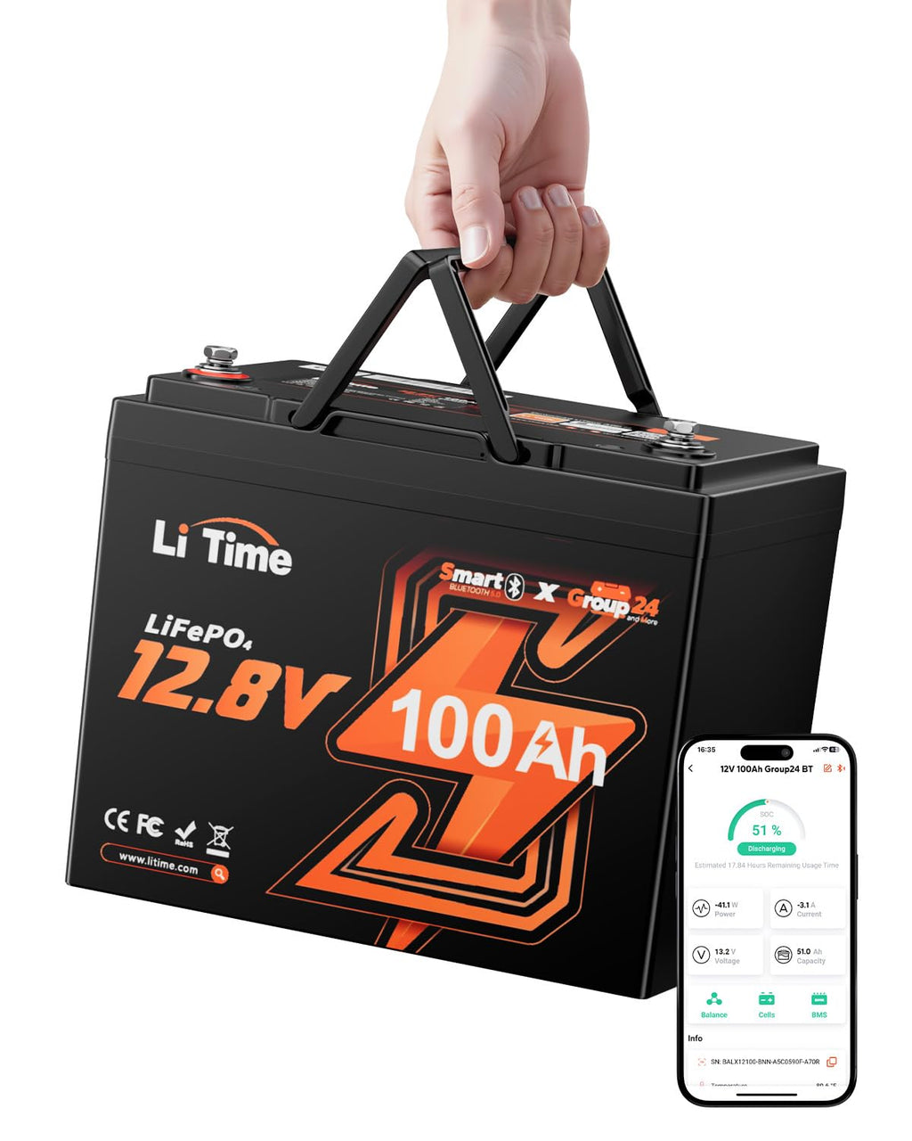 12V 100Ah Group 24 LiFePO4 Lithium Battery W544