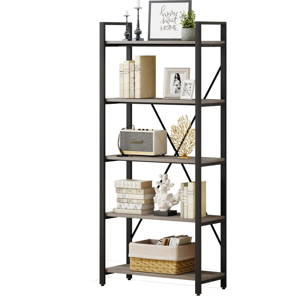 5 Tier Grey Wood and Metal Bookshelf P8148