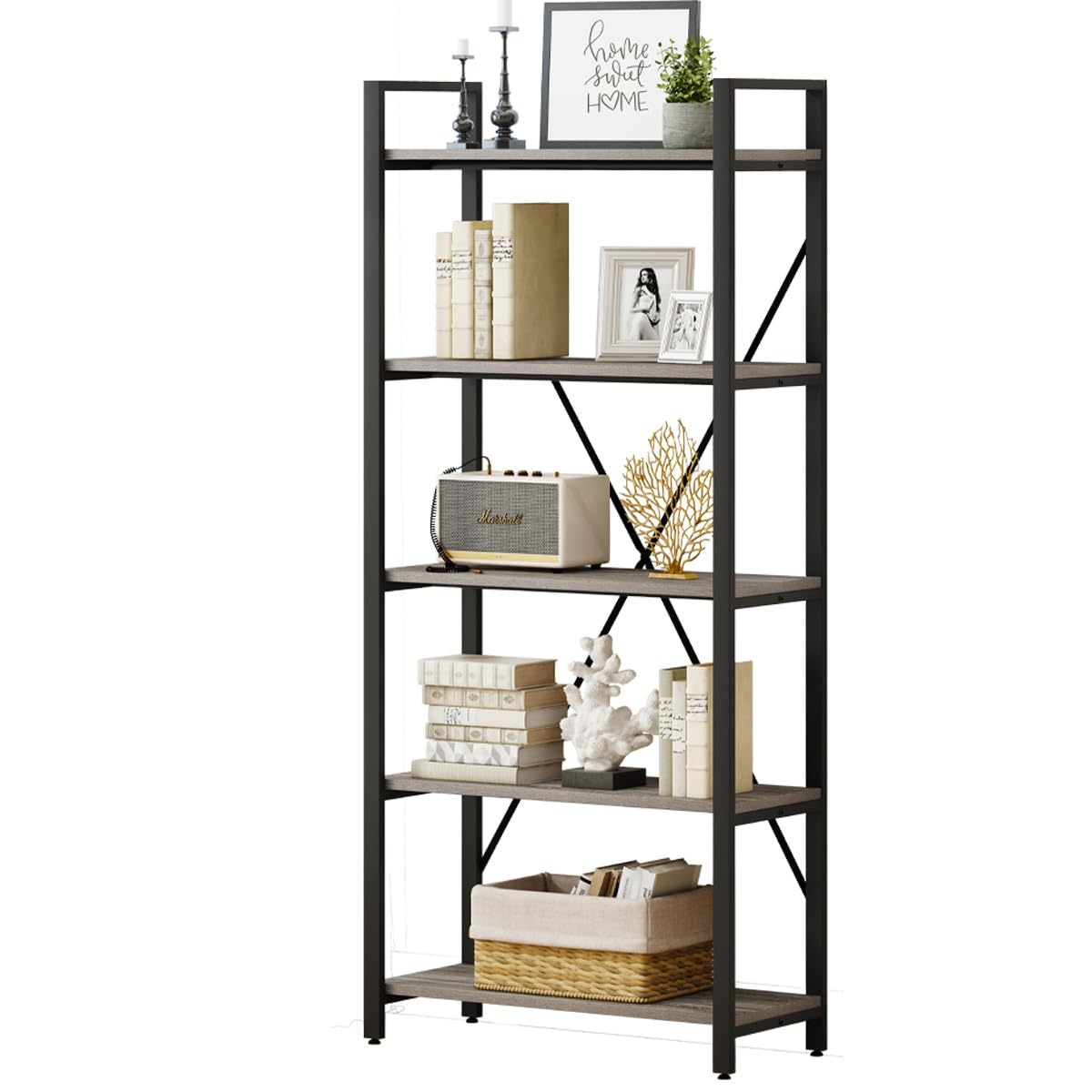 5 Tier Grey Wood and Metal Bookshelf P8148