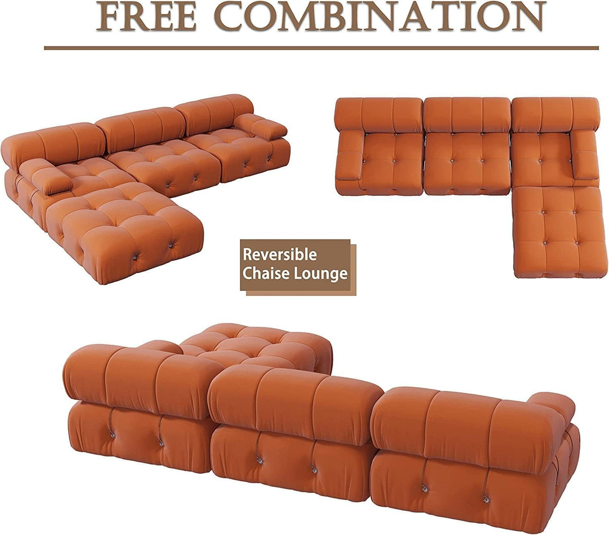 Orange Velvet L Shaped Sectional Sofa with Ottoman T289971