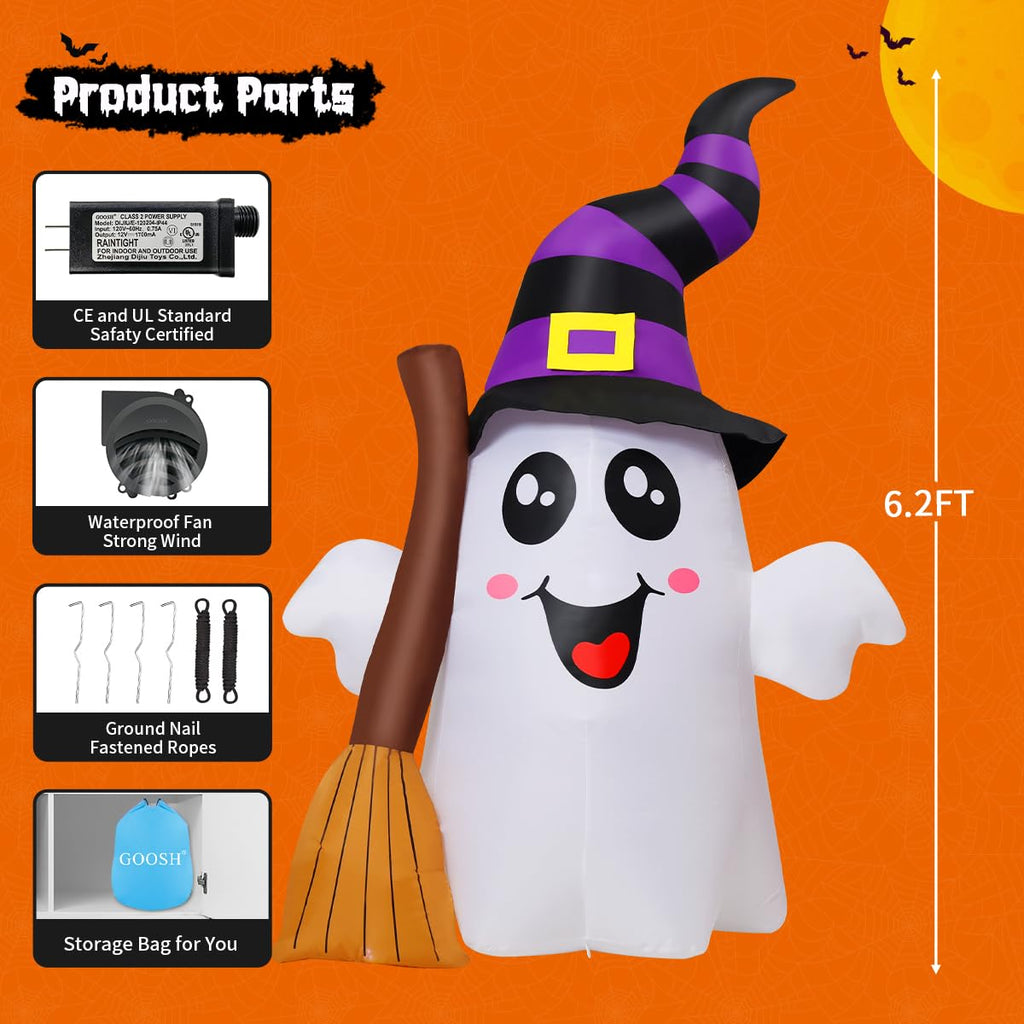 6.2 FT Halloween Inflatables Ghost with Built-in LEDs O9762