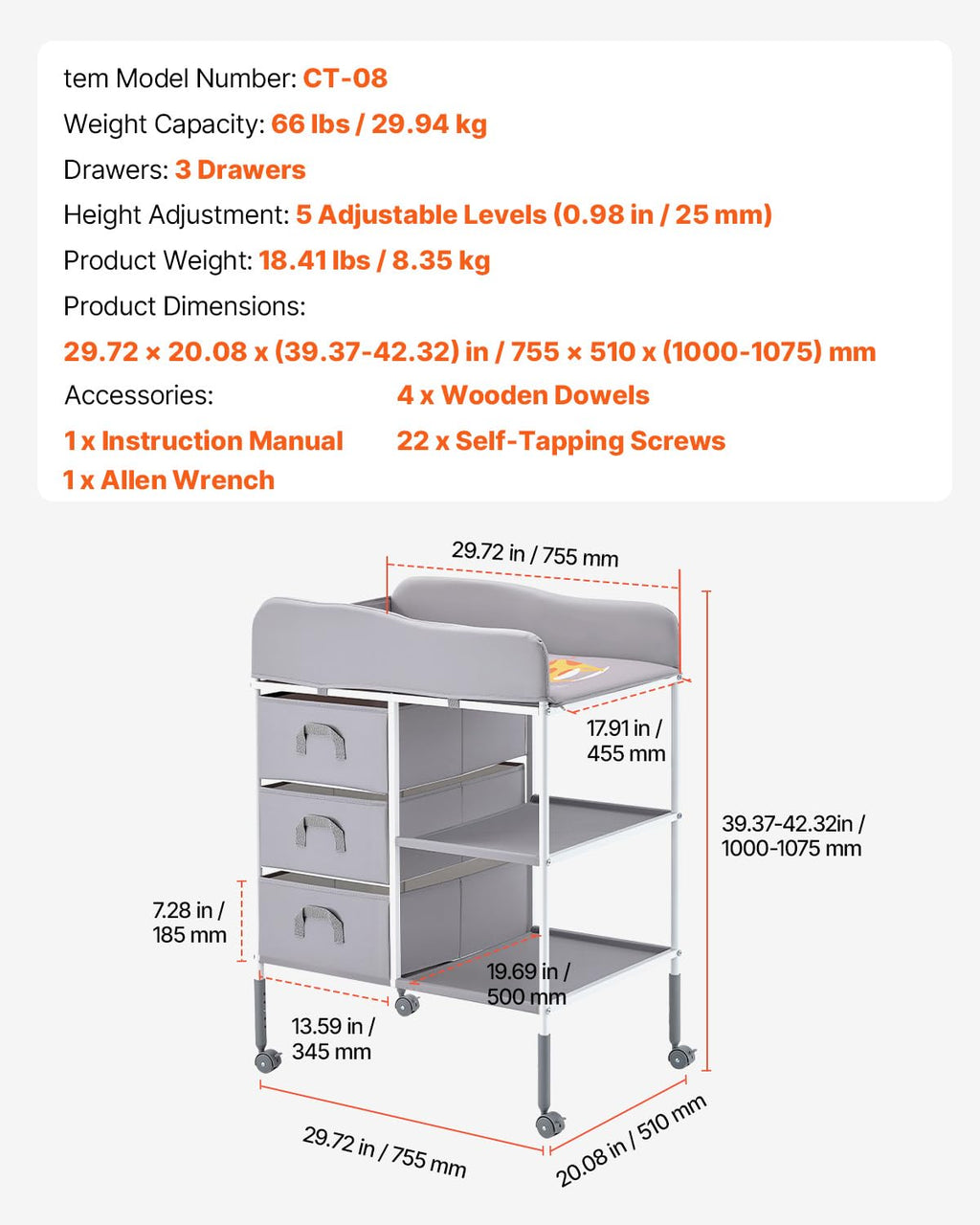 Adjustable Height Baby Changing Table with 3 Fabric Drawers A1233