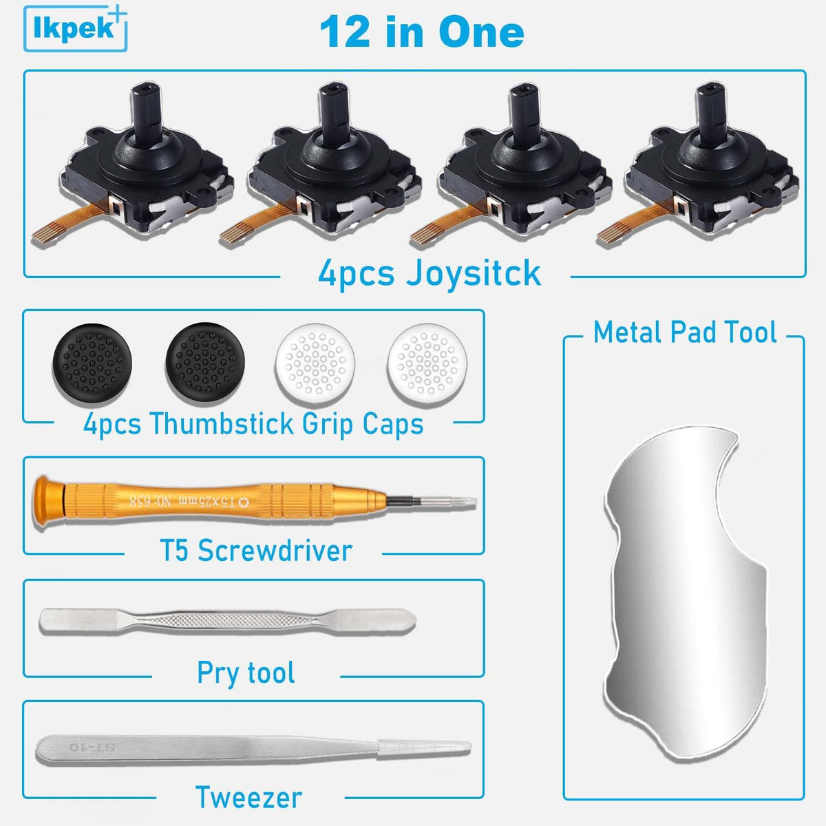 4 Pack Joystick Replacement Kit, Include 4 Joysticks, 4 Thumbstick Grips, T5 Screwdriver, Tweezer, Pry Tool R272