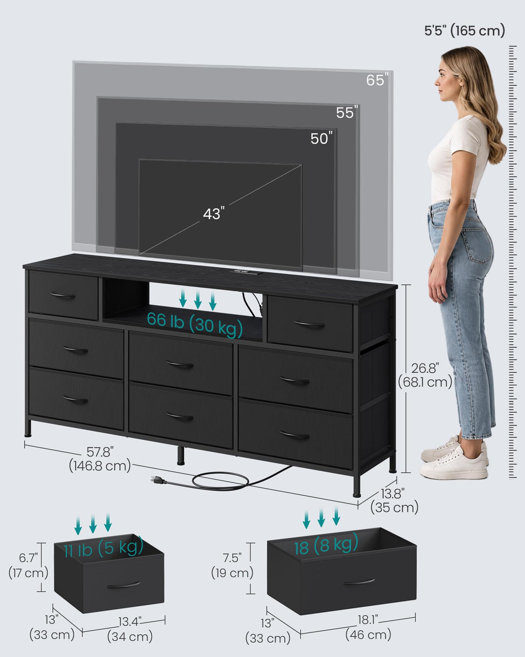 8 Fabric Drawers Dresser with Outlets & LED Lights N9065