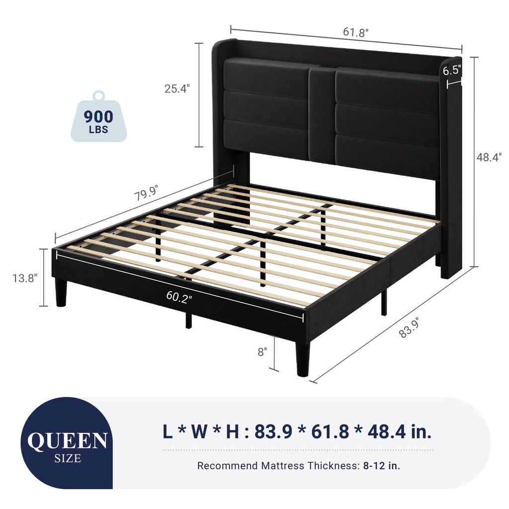 Queen Size Black Velvet Upholstered Platform Bed Frame with Storage Headboard T688