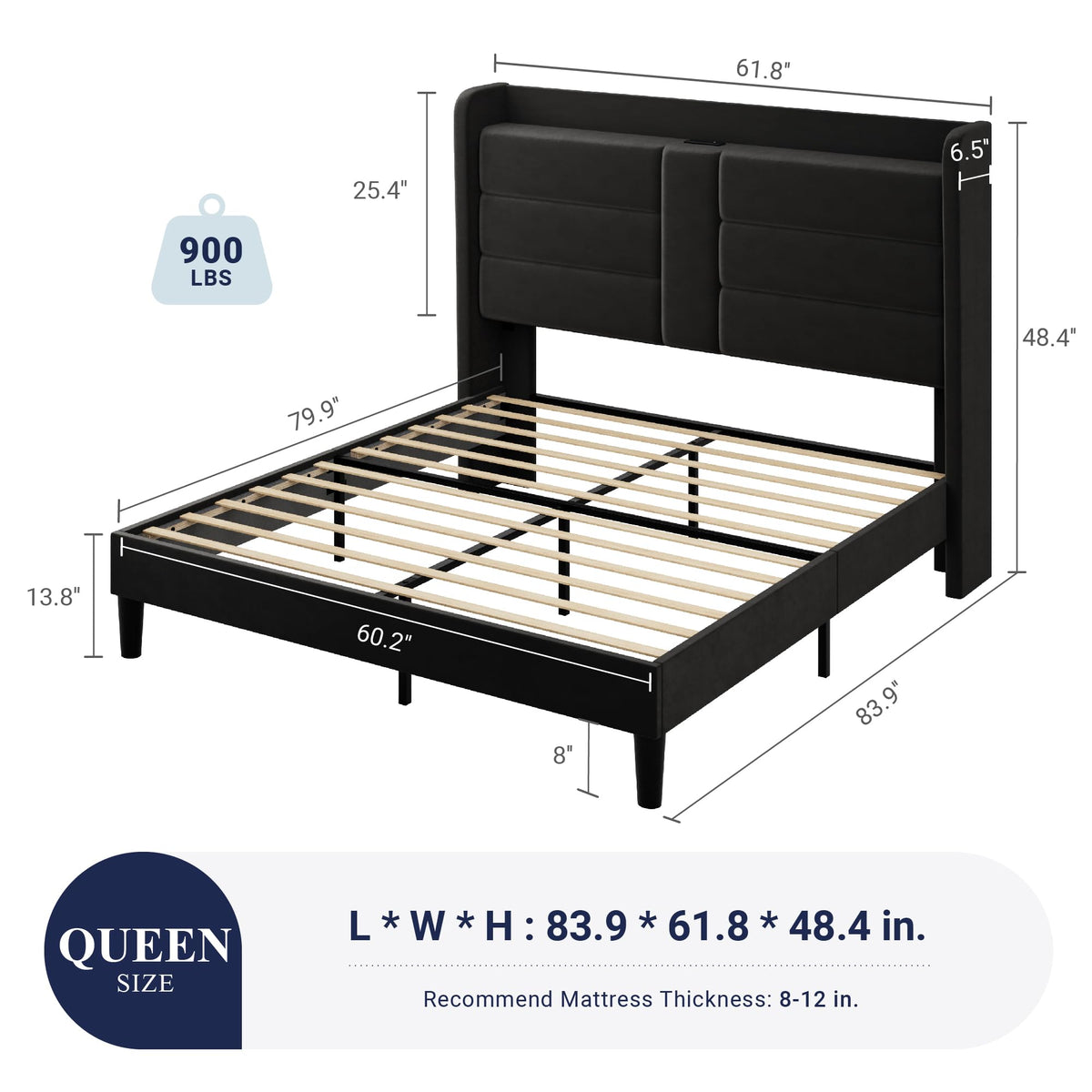 Queen Size Black Velvet Upholstered Platform Bed Frame with Storage Headboard T688