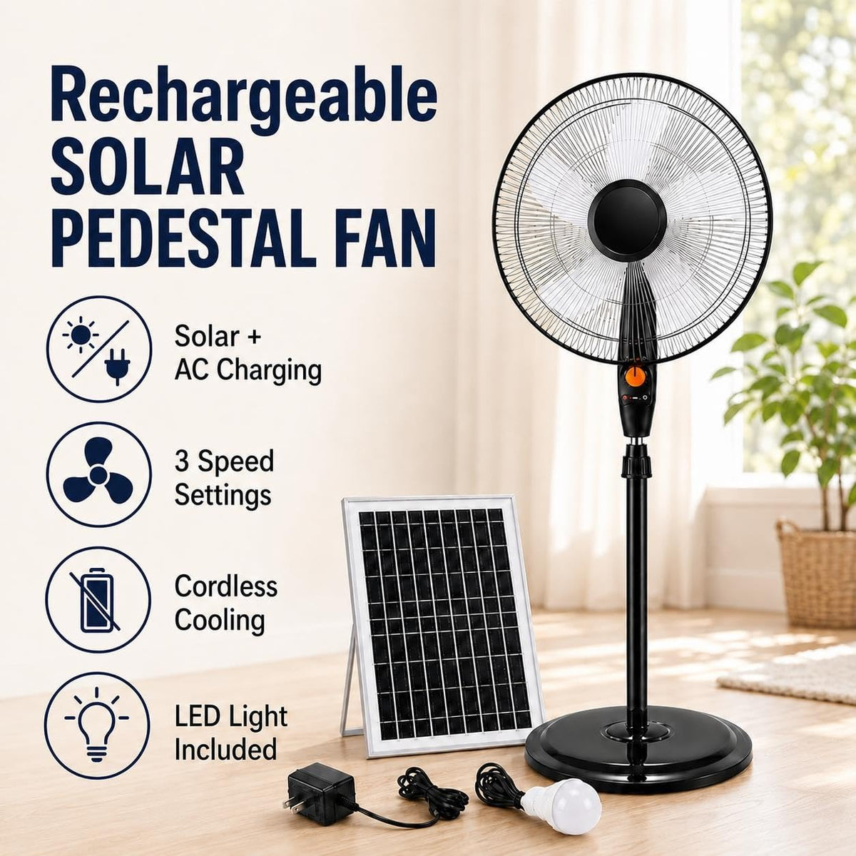 Rechargeable Pedestal Fan with Solar Panel E6841