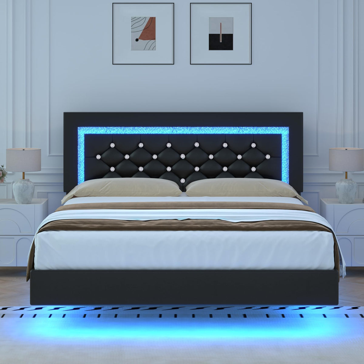 Black Full Floating Bed Frame with LED Lights and Tufted Headboard L393