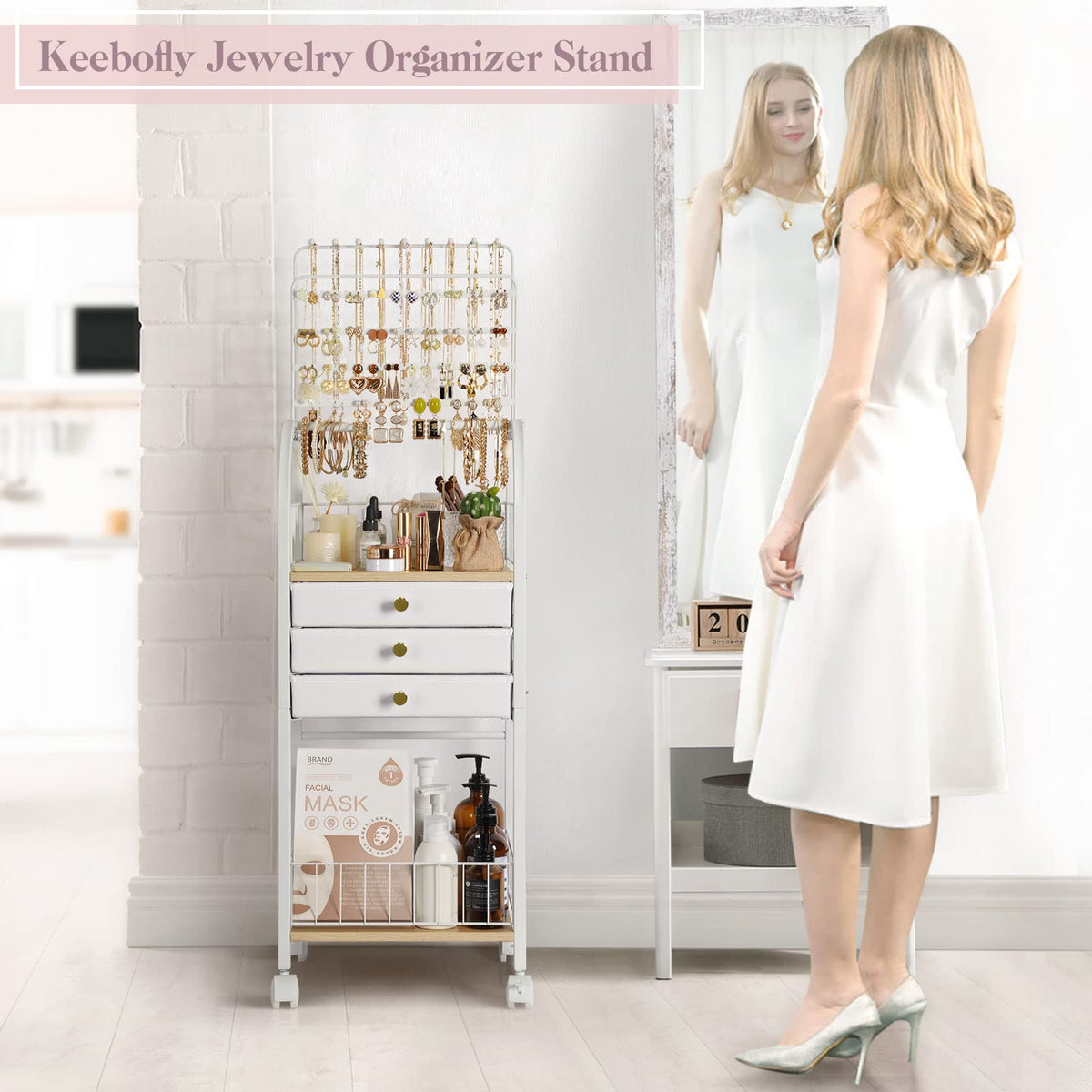 Large White 3 Drawer Floor Jewelry Organizer Stand B9720