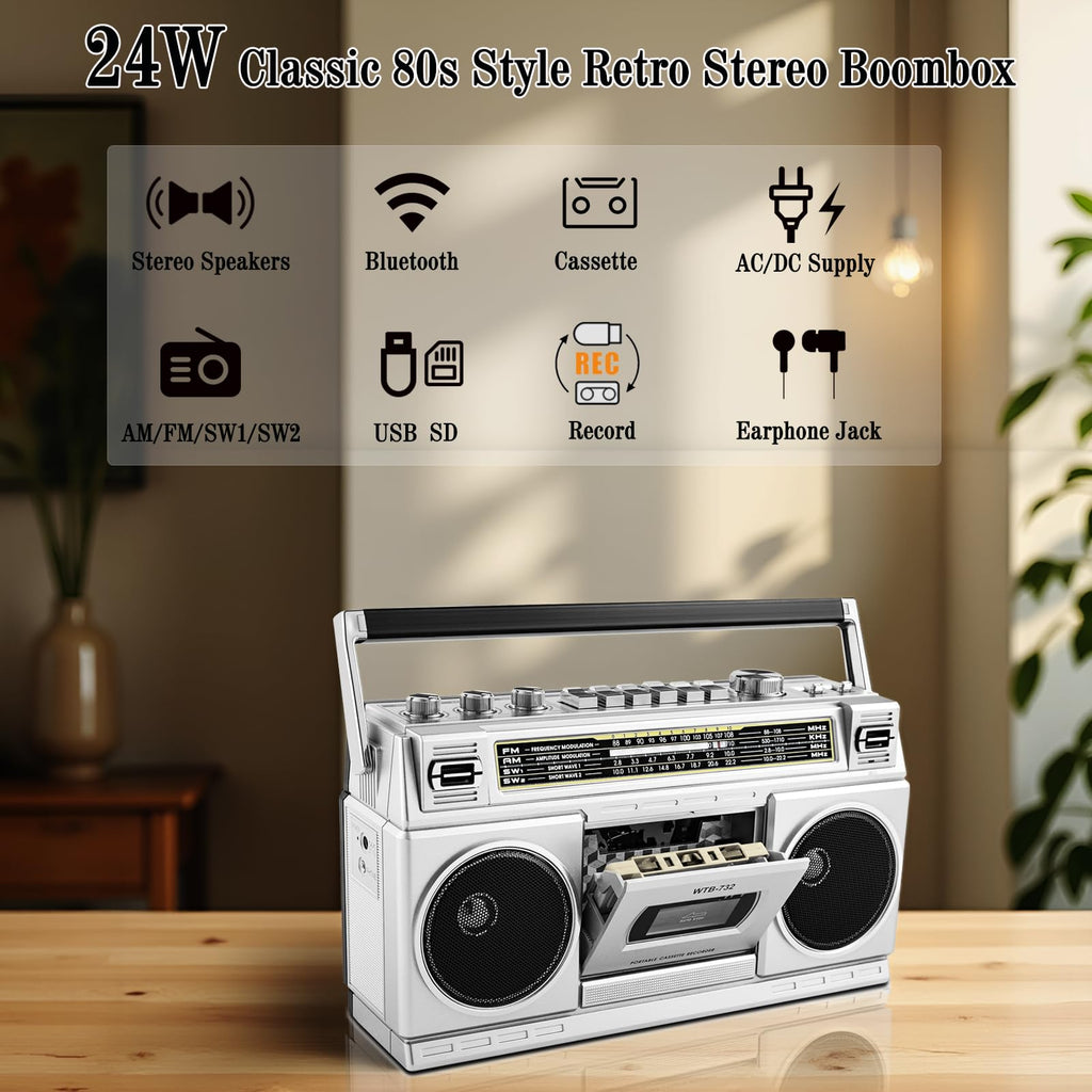 Portable Boombox with Cassette Player Recorder D73289