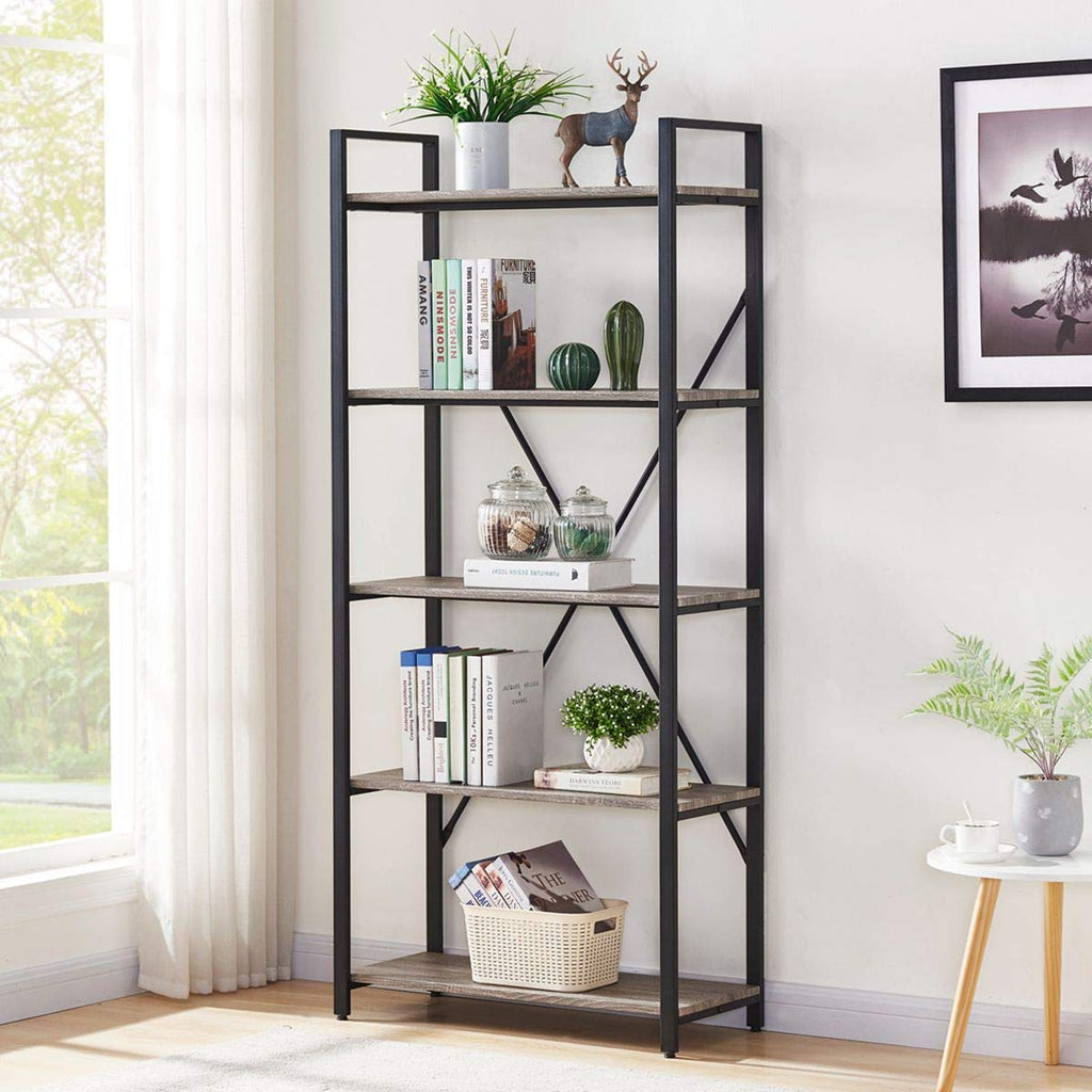 5 Tier Grey Wood and Metal Bookshelf P8148