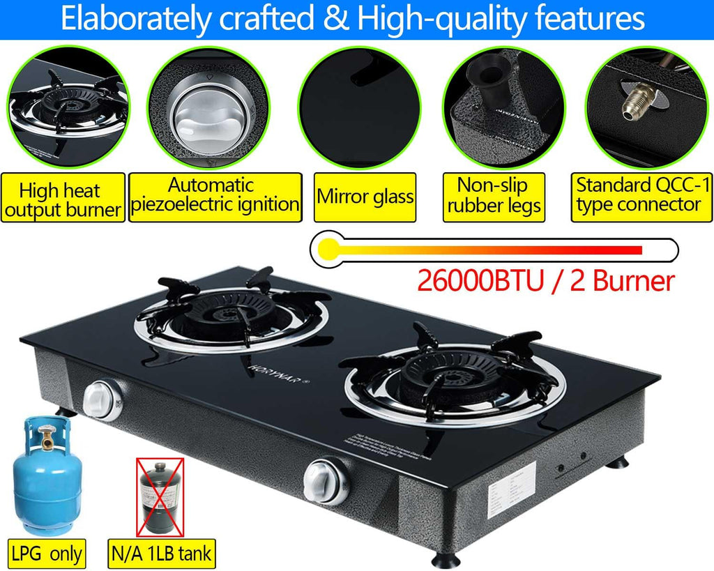 2 Burner Propane Gas Stove Auto Ignition 26000 BTU Tempered Glass I9026