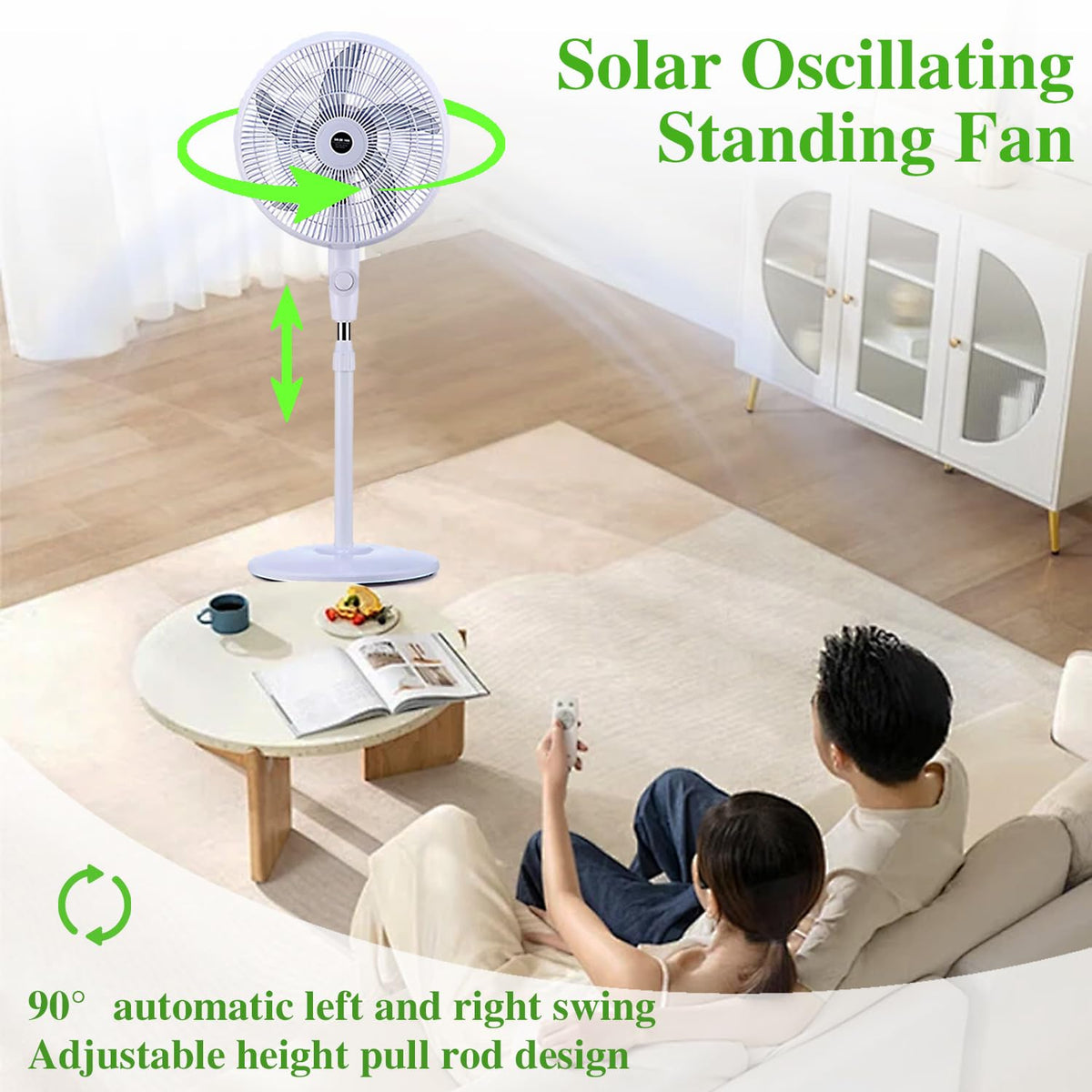 16" Solar Oscillating Standing Fan, 10000mAh Rechargeable, 3 Speed, White T66553