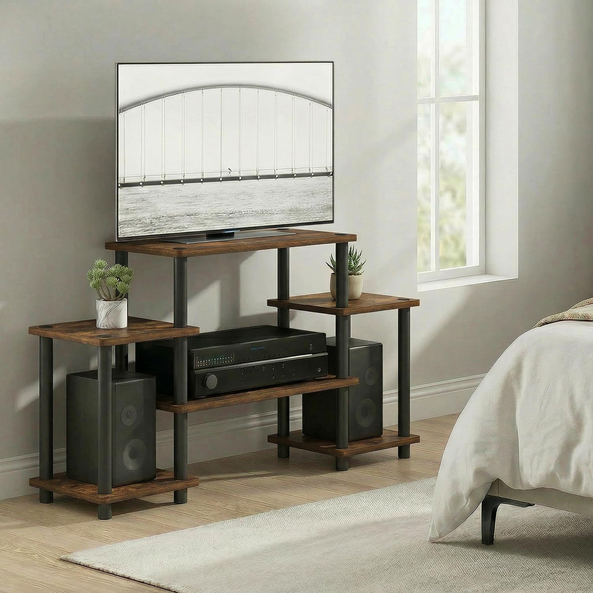 6-Shelf Toolless TV Stand with Raised Top for TV up to 50 Inch D9169