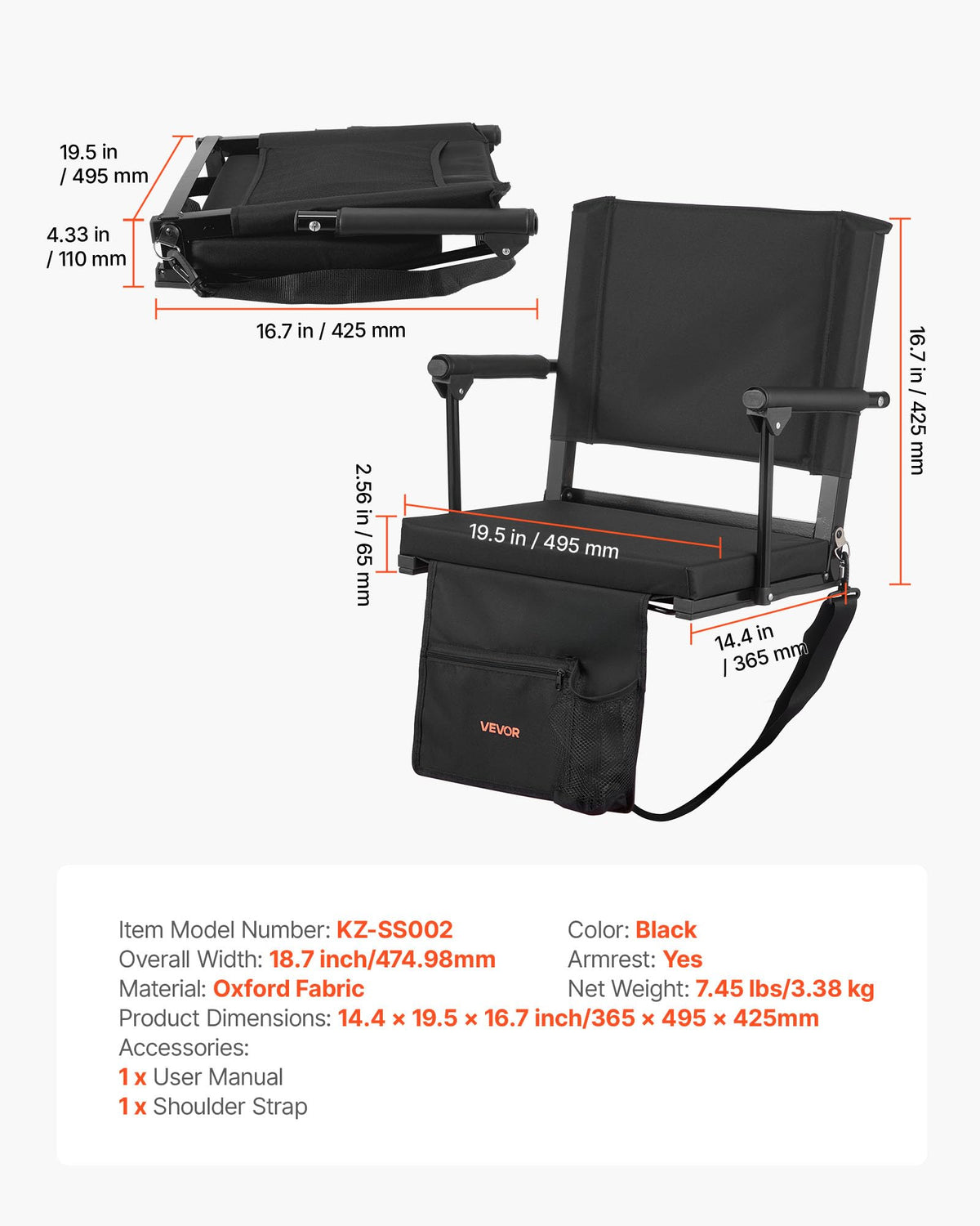 Portable Bleacher Seat with Armrest, Back Support and Cup Holder, Black S187597
