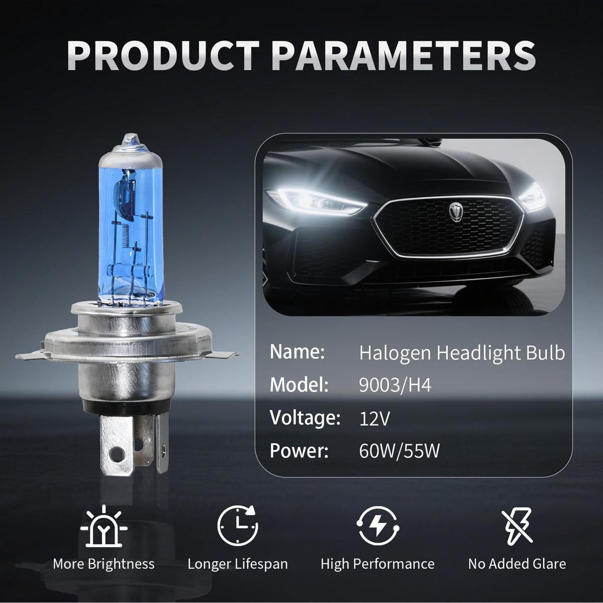 H4 Halogen Headlight Bulb 6000K Cool White Pack of 2 S75395
