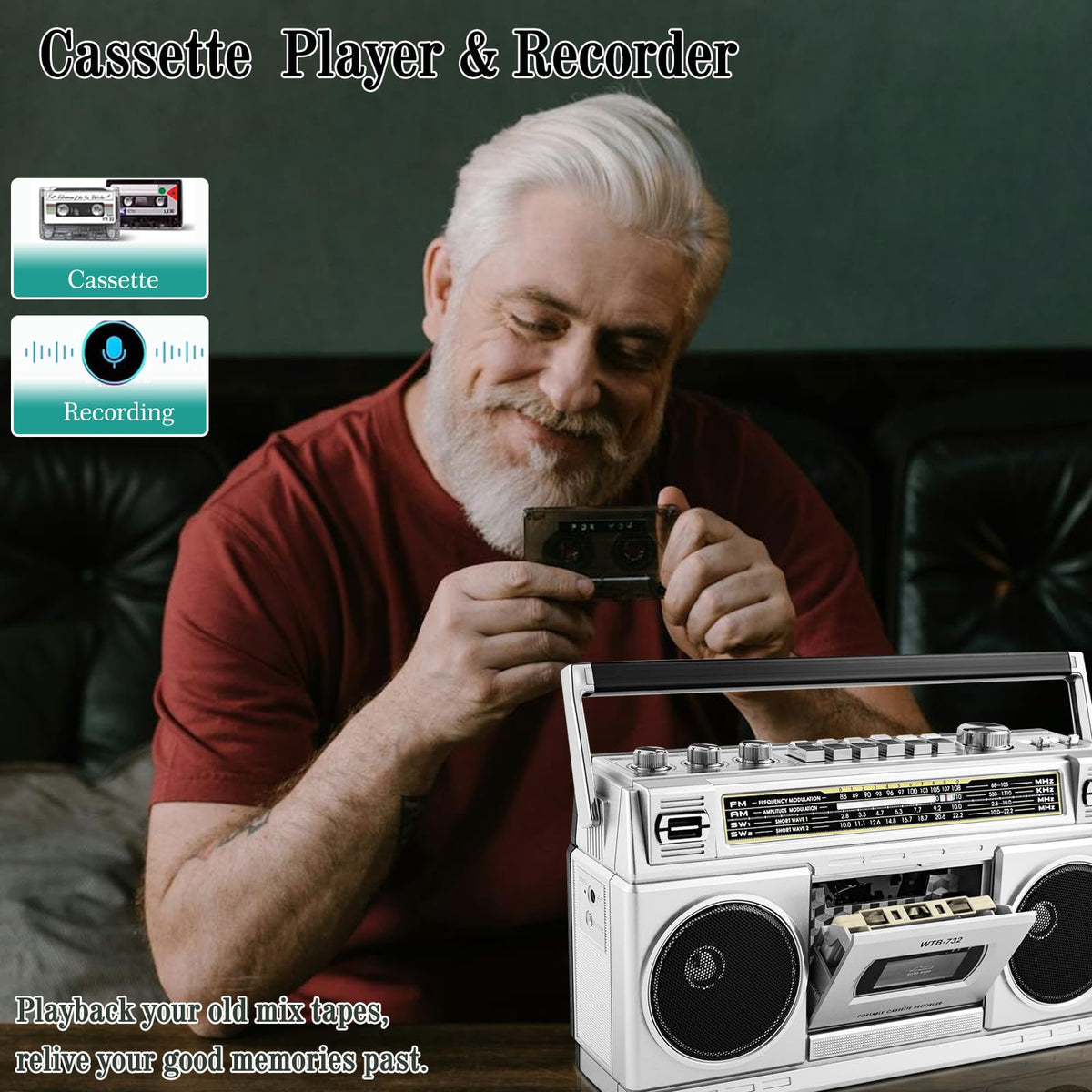 Portable Boombox with Cassette Player Recorder D73289
