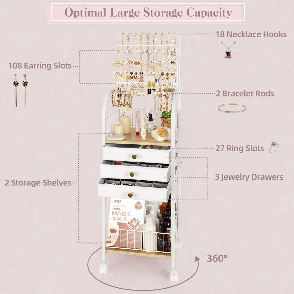 Large White 3 Drawer Floor Jewelry Organizer Stand B9720