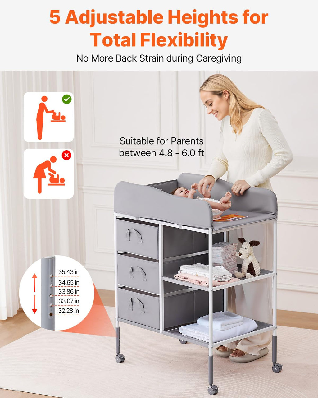 Adjustable Height Baby Changing Table with 3 Fabric Drawers A1233
