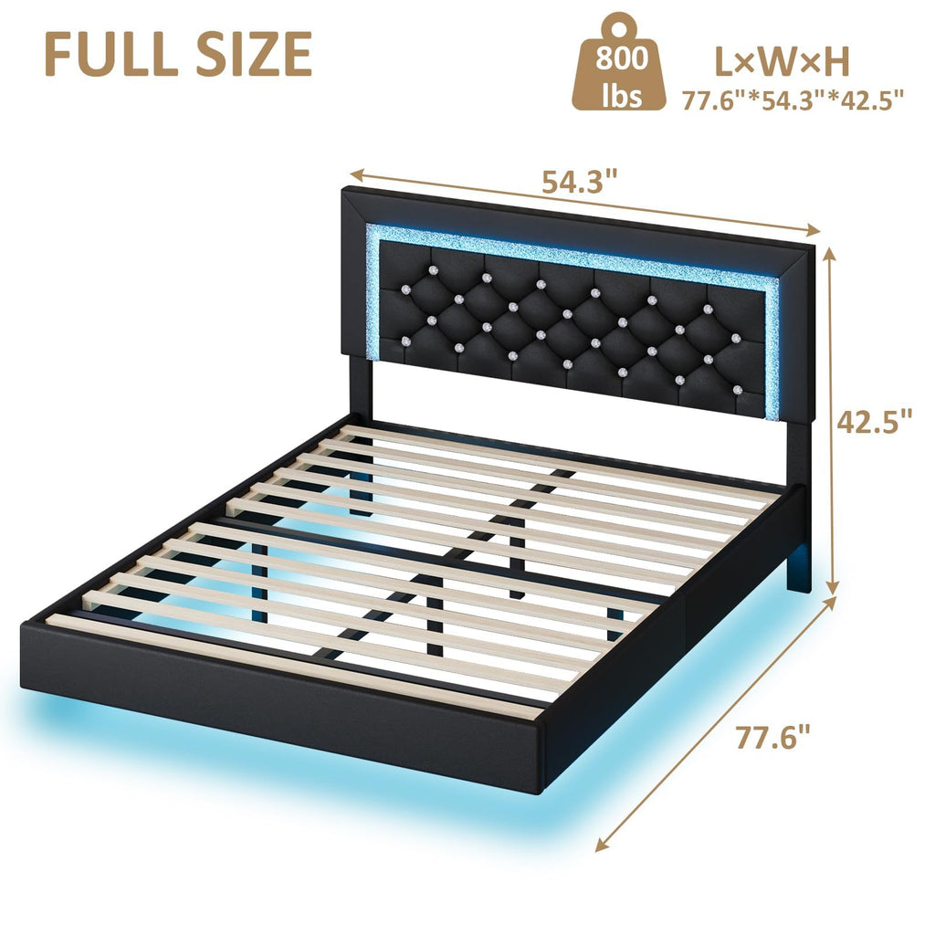 Black Full Floating Bed Frame with LED Lights and Tufted Headboard L393
