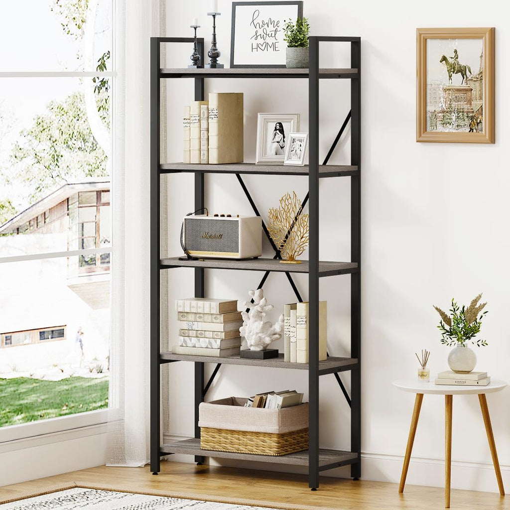 5 Tier Grey Wood and Metal Bookshelf P8148