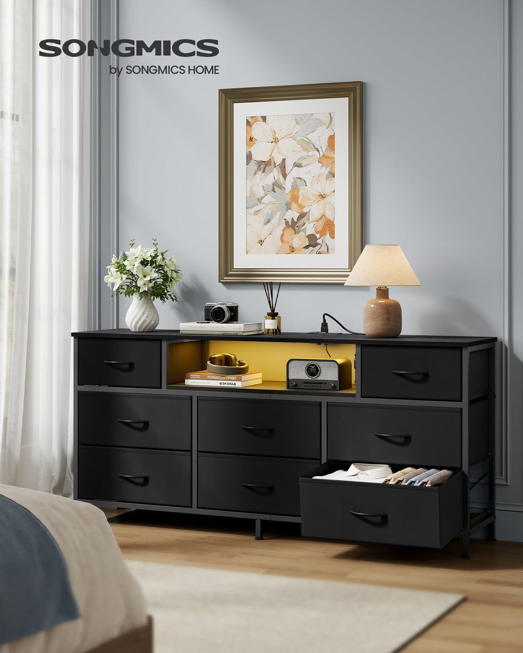 8 Fabric Drawers Dresser with Outlets & LED Lights N9065