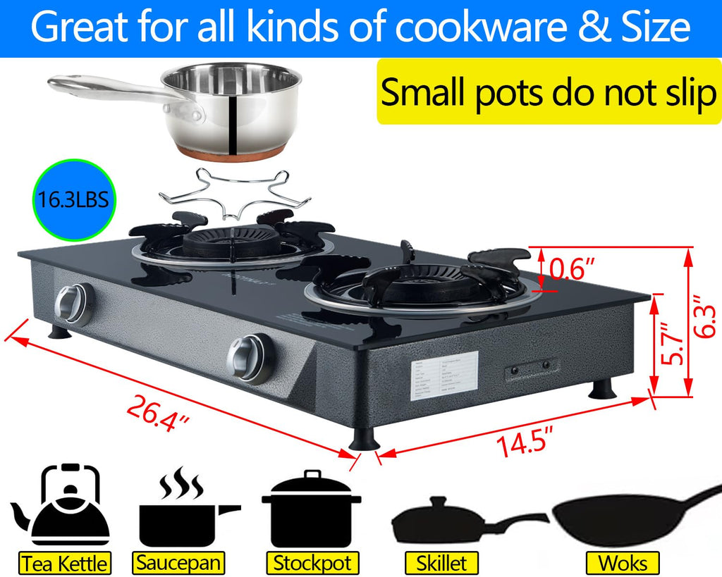 2 Burner Propane Gas Stove Auto Ignition 26000 BTU Tempered Glass I9026