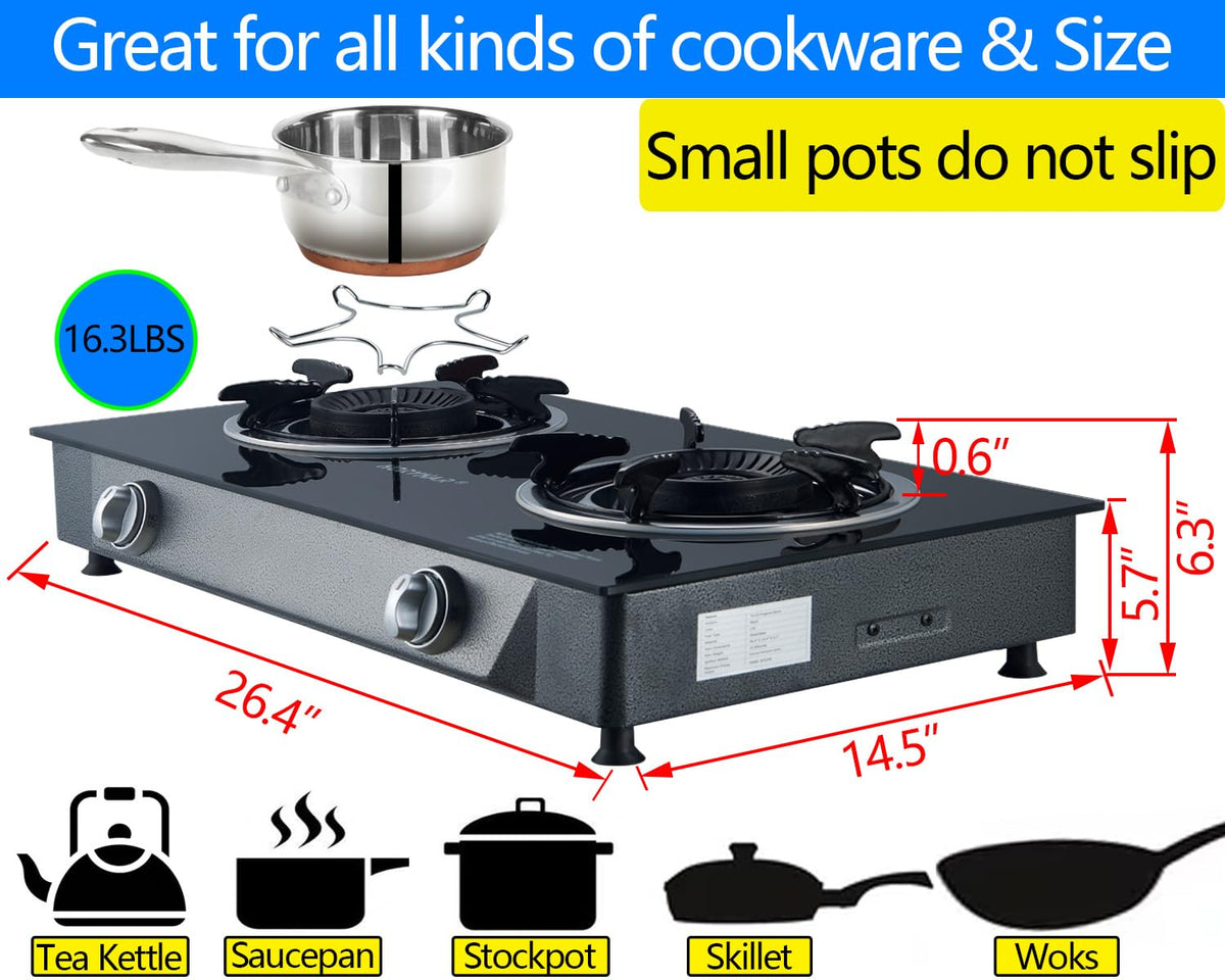 2 Burner Propane Gas Stove Auto Ignition 26000 BTU Tempered Glass I9026