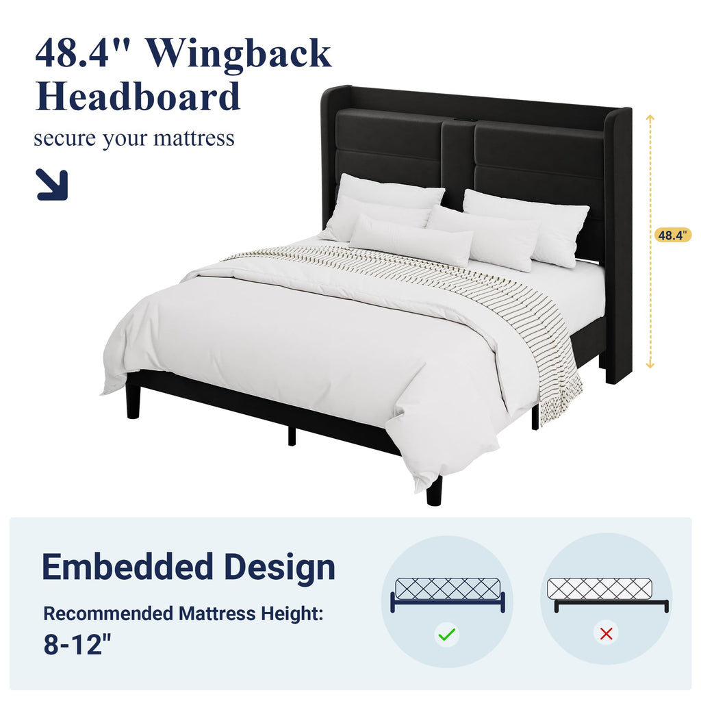 Queen Size Black Velvet Upholstered Platform Bed Frame with Storage Headboard T688