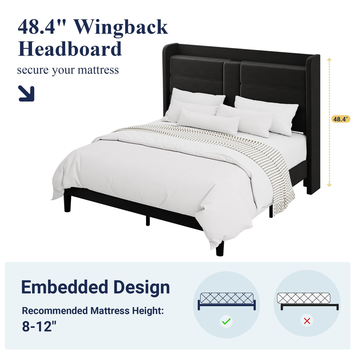 Queen Size Black Velvet Upholstered Platform Bed Frame with Storage Headboard T688