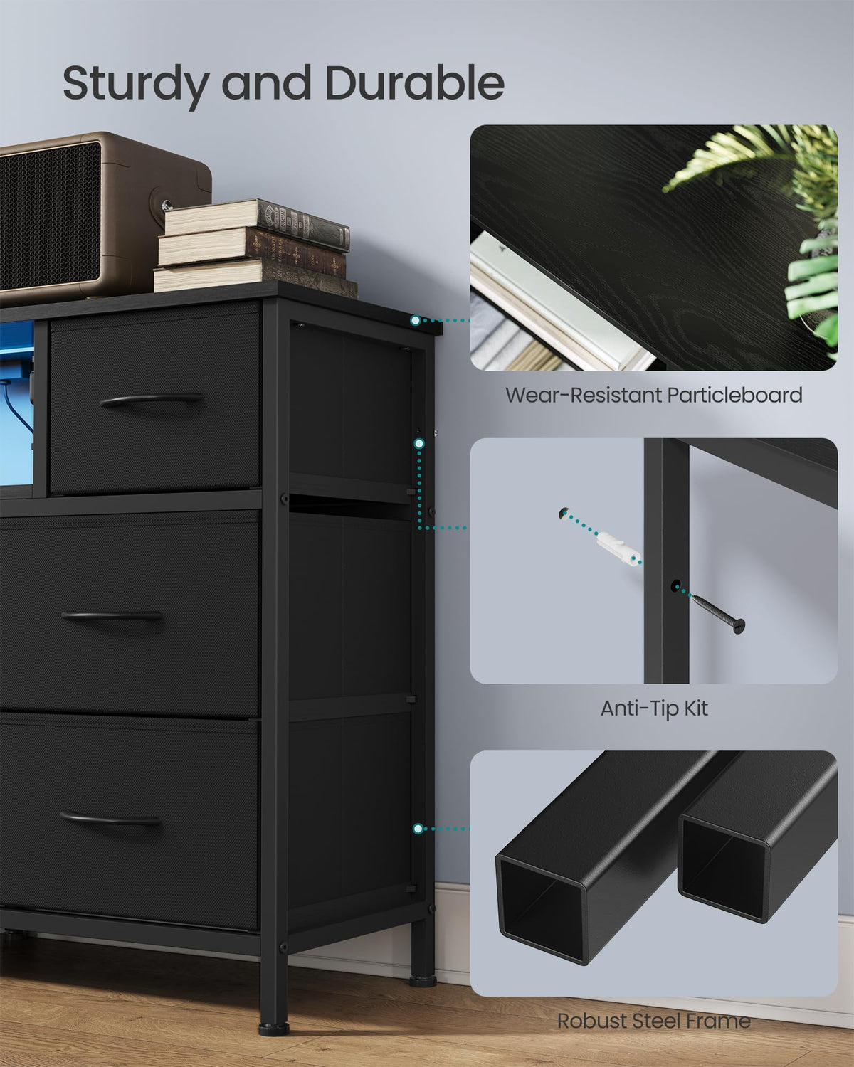 8 Fabric Drawers Dresser with Outlets & LED Lights N9065
