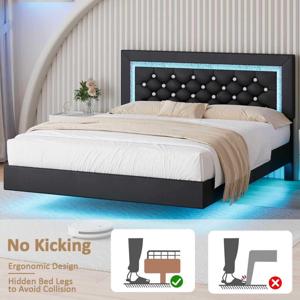 Black Full Floating Bed Frame with LED Lights and Tufted Headboard L393