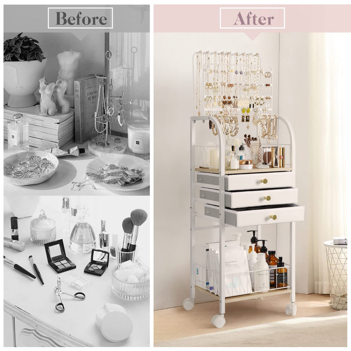 Large White 3 Drawer Floor Jewelry Organizer Stand B9720