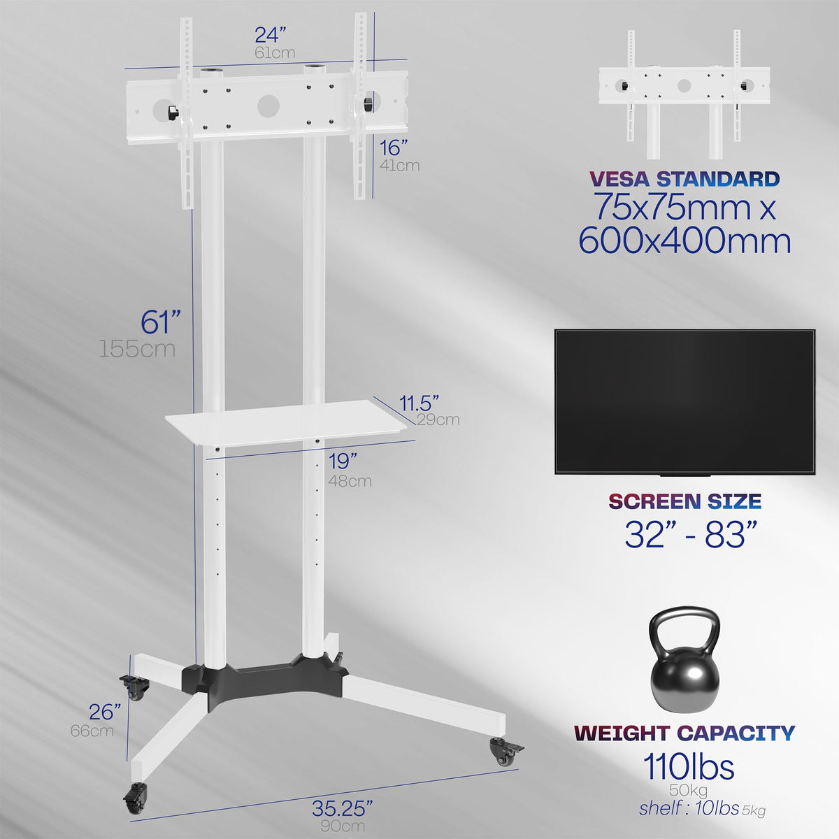 Mobile TV Cart for 32 to 83 inch Screens up to 110 lbs, White Y263
