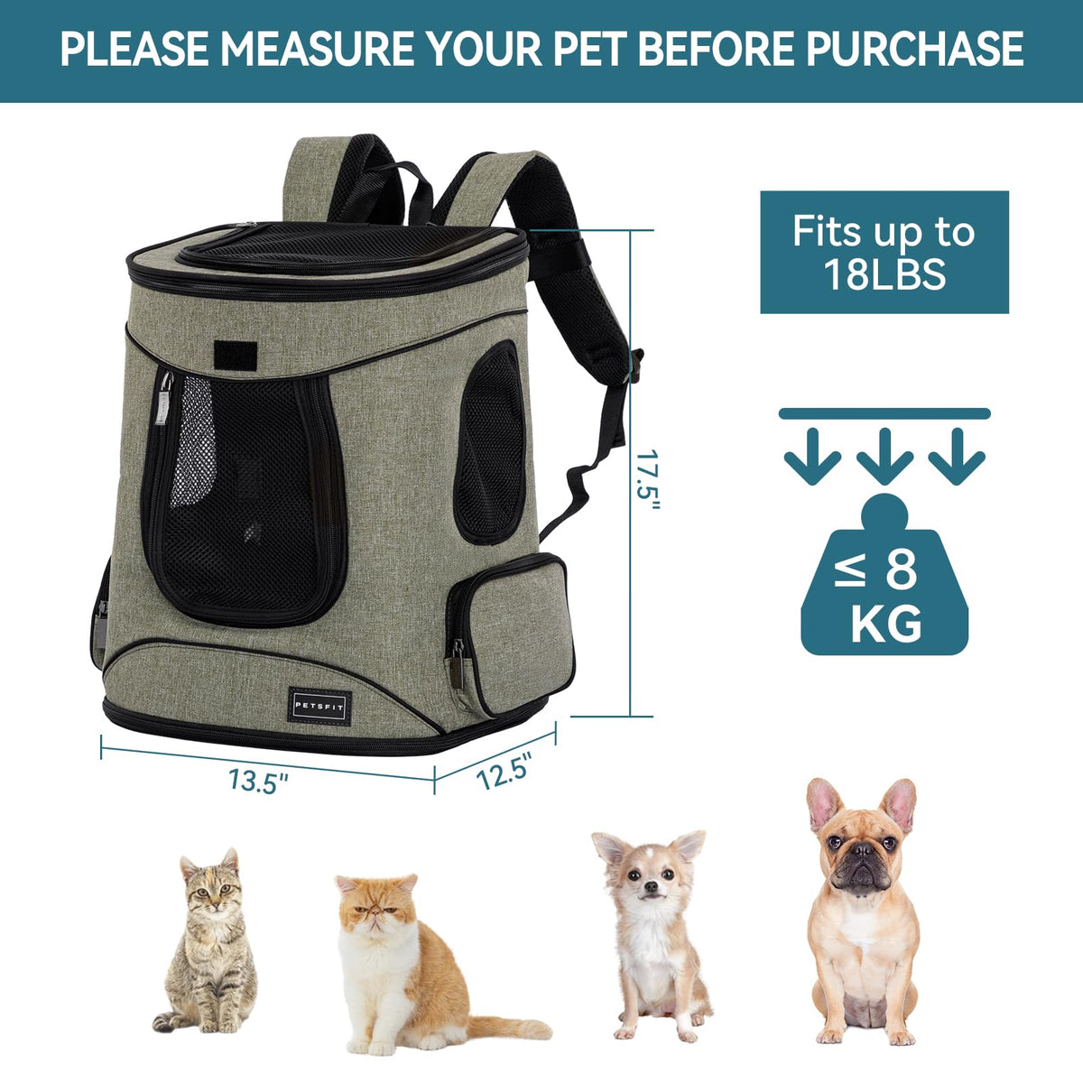 Dog and Cat Backpack Carrier, Up to 18 lb W32859
