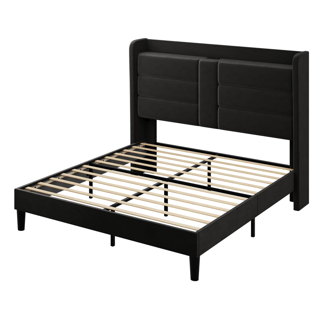 Queen Size Black Velvet Upholstered Platform Bed Frame with Storage Headboard T688