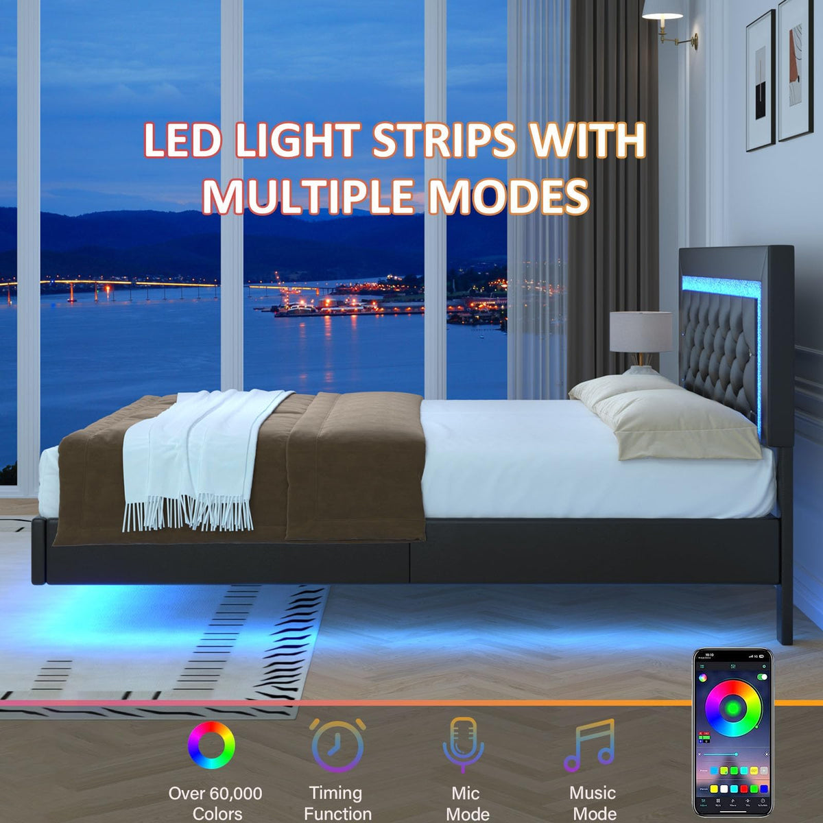 Black Full Floating Bed Frame with LED Lights and Tufted Headboard L393