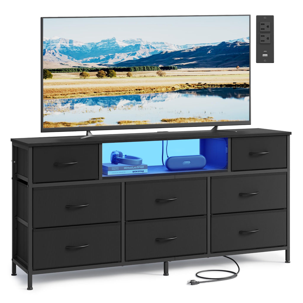 8 Fabric Drawers Dresser with Outlets & LED Lights N9065