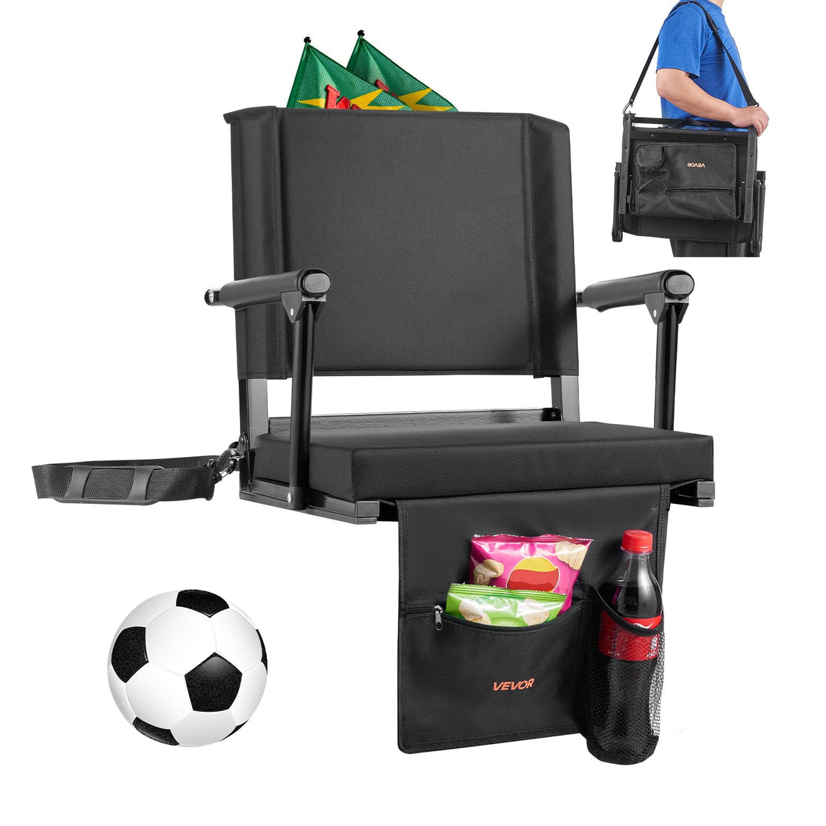 Portable Bleacher Seat with Armrest, Back Support and Cup Holder, Black S187597