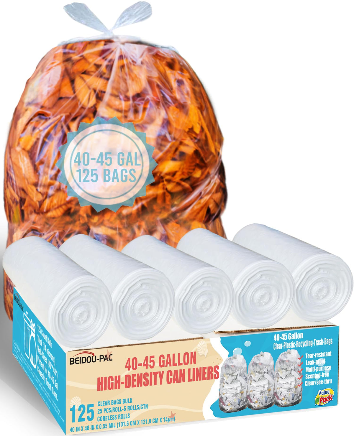 40-45 Gallon Clear Heavy Duty Plastic Trash Bags, 125 Count N592