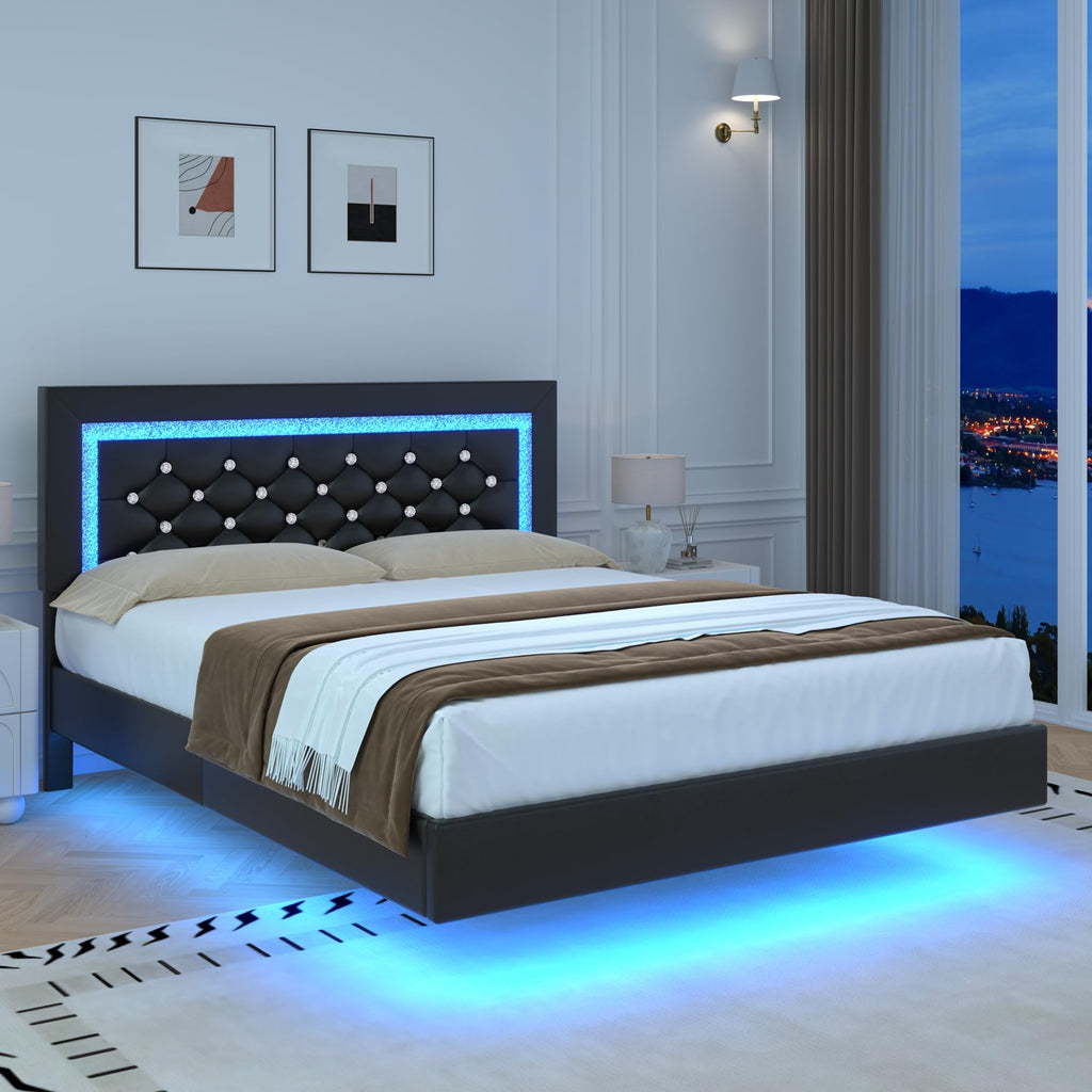 Black Full Floating Bed Frame with LED Lights and Tufted Headboard L393
