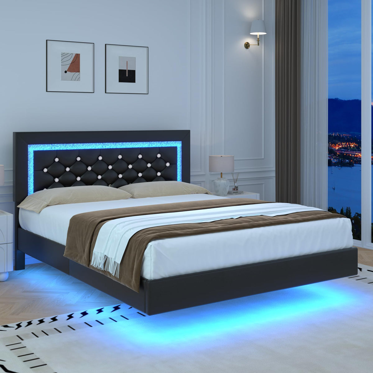 Black Full Floating Bed Frame with LED Lights and Tufted Headboard L393