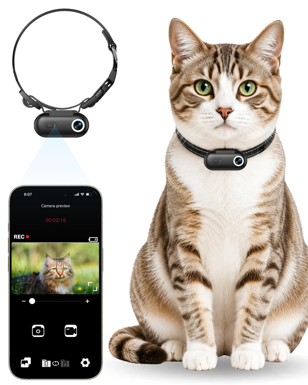 Cat Camera Collar with APP, 1080P HD Pet POV Video Recording V994